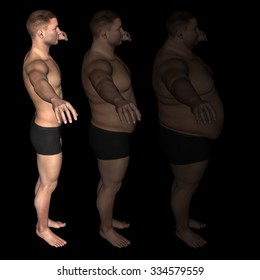 Concept conceptual 3D fat overweight vs slim fit diet with muscles young man isolated on black background metaphor weight loss, body, fitness, fatness, obesity, health, healthy, male, dieting, shape