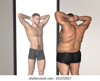 Concept or conceptual 3D fat overweight vs slim fit with muscles young man on diet reflecting in a mirror for weight loss, body, fitness, fatness, obesity, health, healthy, male, dieting or shape