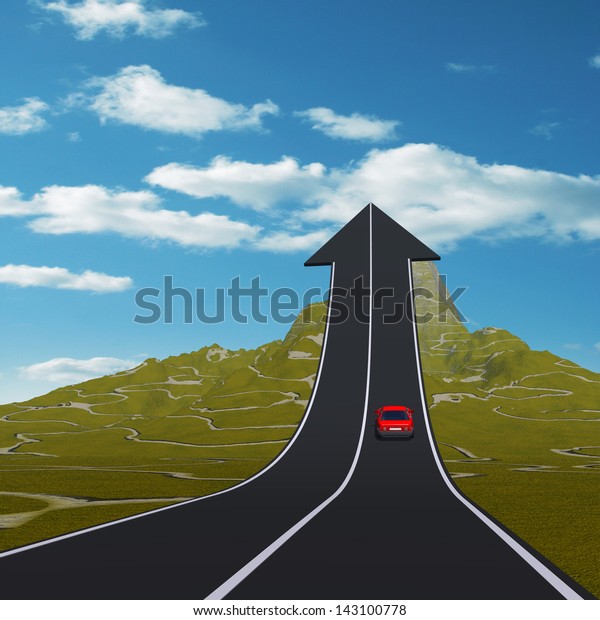 Concept or conceptual 3D red car on arrow\
road pointing up,upward over a mountain to sky background, metaphor\
to\
success,business,future,transportation,progress,increase,growth,goal,top\
or challenge
