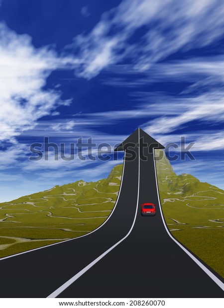 Concept or conceptual 3D red car on arrow road\
pointing up,upward over a mountain to sky background, metaphor to\
success, business, future, transportation, progress, increase,\
growth, goal\
challenge