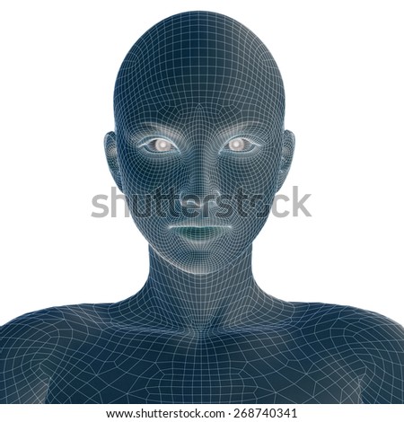 Concept or conceptual 3D wireframe young human female or woman head isolated on background, metaphor for technology, cyborg, digital, virtual, avatar, model, science, fiction, future, mesh or abstract