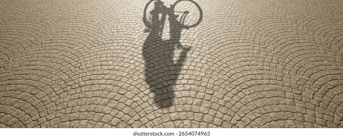 Concept or conceptual background of floor texture surface with a human shadow as silhouette. A 3d illustration metaphor for biking recreation workout, healthy lifestyle for fun leisure cycling design
