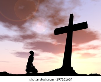 Concept conceptual black cross or religion symbol man silhouette in rocks over a sunset sky with sunlight clouds background, metaphor to God, Christ, Christianity, religious, faith, knee Jesus belief