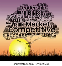 Concept or conceptual black tree and grass word cloud sunset sky and sun background, metaphor to business, trend, media, focus, market, value, product, advertising or customer or corporate