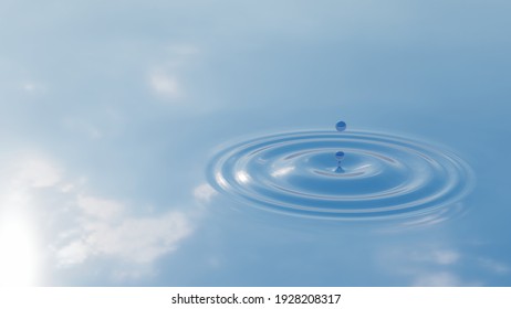 Concept or conceptual blue liquid drop falling in water on background with ripples and waves. 3d illustration metaphor for nature, natural, summer, spa, cool, business, environment, rain or health 