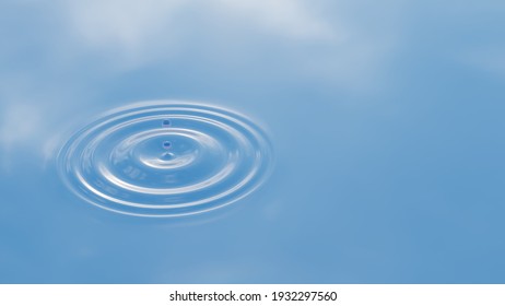 Concept Or Conceptual Blue Liquid Drop Falling In Water On Background With Ripples And Waves. 3d Illustration Metaphor For Nature, Natural, Summer, Spa, Cool, Business, Environment, Rain Or Health 