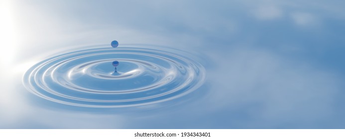 Concept Conceptual Blue Liquid Drop Falling In Water On Banner Background With Ripples And Waves. 3d Illustration Metaphor For Nature, Natural, Summer, Spa, Cool, Business, Environment, Rain Or Health