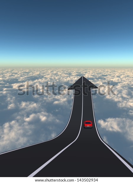 Concept or conceptual business arrow road with a\
car driving pointing up above the clouds in the sky\
background,metaphor to\
challenge,success,growth,future,progress,upward,recovery,improve or\
develop