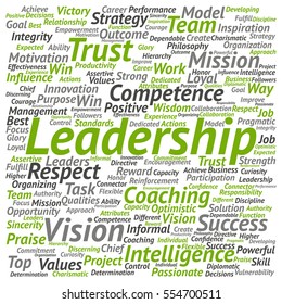 Concept or conceptual business leadership, management value word cloud isolated on background metaphor to strategy, success, achievement, responsibility, authority, intelligence or competence
