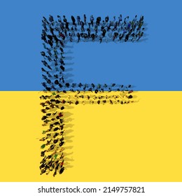 Concept or conceptual community  of people forming the symbol F on Ukrainian flag. 3d illustration metaphor for education, school, hope, peace, freedom, help, care and assitance in the face of war