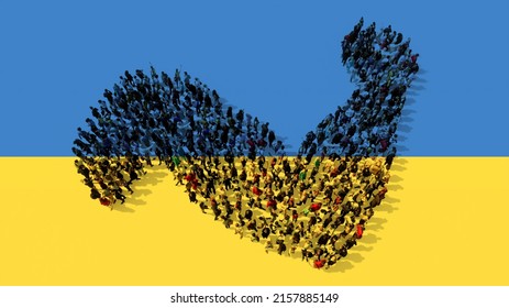 Concept Or Conceptual Community Of People Forming The Image Of A Strong Arm On Ukrainian Flag.  A 3d Illustration Metaphor For Resistance, Power, Resilience,  Fighting Spirit And Endureance