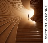 Concept or conceptual dark tunnel with a bright light at the end or exit. 3d illustration as metaphor to success, faith, future or hope, a black silhouette of walking man to new opportunity or freedom