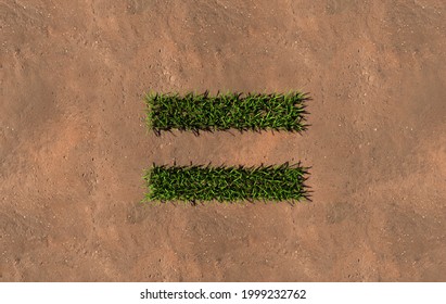 Concept Conceptual Green Summer Lawn Grass Symbol Shape On Brown Soil Or Earth Background, Equal Sign. 3d Illustration Metaphor For Nature, Conservation, Organic, Growth, Environment, Ecology, Spring