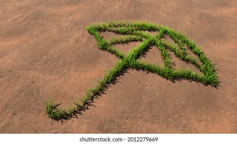 Concept Or Conceptual Green Summer Lawn Grass Symbol Shape On Brown Soil Or Earth Background, Sign Of Opened Umbrella. A 3d Metaphor For Protection, Security And Comfort,  Tourism, Fashion And Style