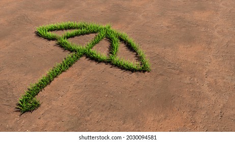 Concept Or Conceptual Green Summer Lawn Grass Symbol Shape On Brown Soil Or Earth Background, Sign Of Opened Umbrella. A 3d Metaphor For Protection, Security And Comfort,  Tourism, Fashion And Style