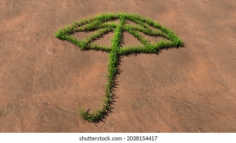 Concept Or Conceptual Green Summer Lawn Grass Symbol Shape On Brown Soil Or Earth Background, Sign Of Opened Umbrella. A 3d Metaphor For Protection, Security And Comfort,  Tourism, Fashion And Style