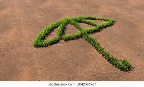 Concept Or Conceptual Green Summer Lawn Grass Symbol Shape On Brown Soil Or Earth Background, Sign Of Opened Umbrella. A 3d Metaphor For Protection, Security And Comfort,  Tourism, Fashion And Style