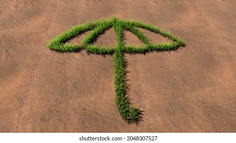 Concept Or Conceptual Green Summer Lawn Grass Symbol Shape On Brown Soil Or Earth Background, Sign Of Opened Umbrella. A 3d Metaphor For Protection, Security And Comfort,  Tourism, Fashion And Style