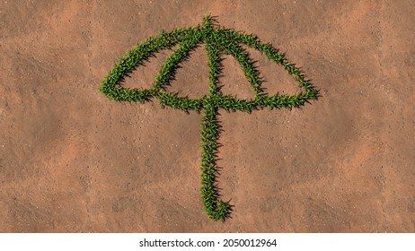 Concept Or Conceptual Green Summer Lawn Grass Symbol Shape On Brown Soil Or Earth Background, Sign Of Opened Umbrella. A 3d Metaphor For Protection, Security And Comfort,  Tourism, Fashion And Style