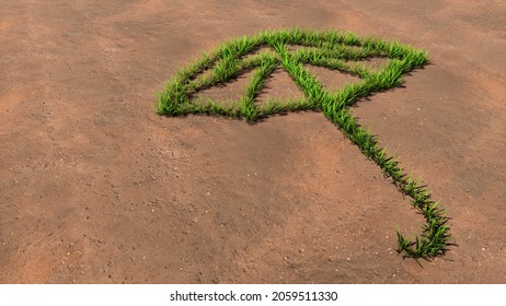 Concept Or Conceptual Green Summer Lawn Grass Symbol Shape On Brown Soil Or Earth Background, Sign Of Opened Umbrella. A 3d Metaphor For Protection, Security And Comfort,  Tourism, Fashion And Style