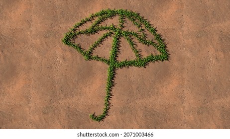 Concept Or Conceptual Green Summer Lawn Grass Symbol Shape On Brown Soil Or Earth Background, Sign Of Opened Umbrella. A 3d Metaphor For Protection, Security And Comfort,  Tourism, Fashion And Style