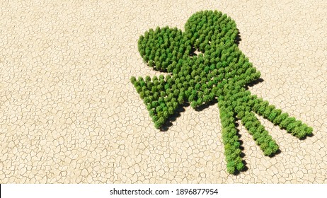 Concept or conceptual group of green forest tree on dry ground background as sign of retro video camera. A 3d illustration metaphor for movie production, television, old motion media recording