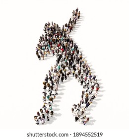 Concept Or Conceptual Large Community Of People Forming The Image Of A Weight Throwing Athlete On White Background. A 3d Illustration Metaphor For Training, Competition, Sport, Power And Strenght 