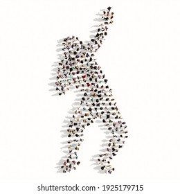 Concept Or Conceptual Large Community Of People Forming The Image Of A Weight Throwing Athlete On White Background. A 3d Illustration Metaphor For Training, Competition, Sport, Power And Strenght 