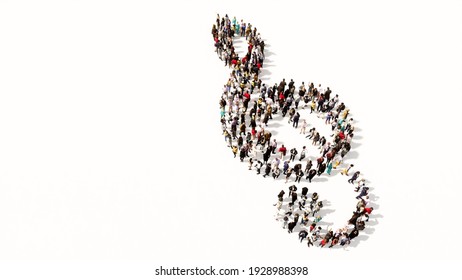 Concept or conceptual large community of people forming the image of a musical note on white background. A 3d illustration metaphor for music, concert, accoustic, orchestra, education and culture 
