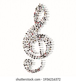 Concept Or Conceptual Large Community Of People Forming The Image Of A Musical Note On White Background. A 3d Illustration Metaphor For Music, Concert, Accoustic, Orchestra, Education And Culture 