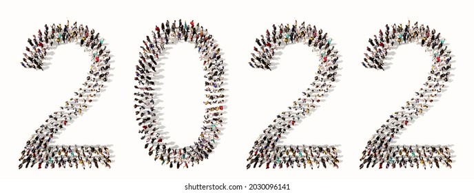 Concept or conceptual large community of people forming 2022 year. 3d illustration metaphor for celebration, festive, party, hope, future, prosperity, health and luck, business and teamwork