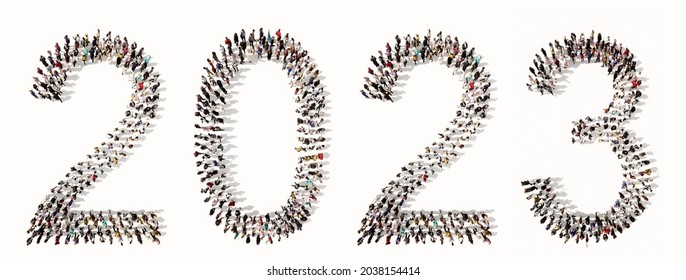 Concept or conceptual large community of people forming 2023 year. 3d illustration metaphor for celebration, festive, party, hope, future, prosperity, health and luck, business and teamwork