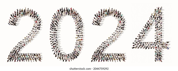 Concept or conceptual large community of people forming 2024 year. 3d illustration metaphor for celebration, festive, party, hope, future, prosperity, health and luck, business and teamwork