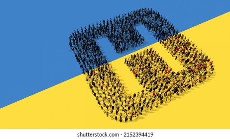 Concept Or Conceptual Large Community Of People Forming The Hospital Sign On Ukrainian Flag.  3d Illustration Metaphor For Help With Health Care, Medical Equipment And Supplies, Doctors, Emergency