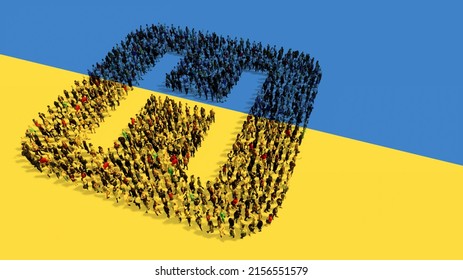 Concept Or Conceptual Large Community Of People Forming The Hospital Sign On Ukrainian Flag.  3d Illustration Metaphor For Help With Health Care, Medical Equipment And Supplies, Doctors, Emergency