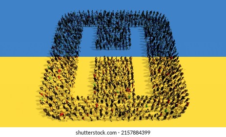 Concept Or Conceptual Large Community Of People Forming The Hospital Sign On Ukrainian Flag.  3d Illustration Metaphor For Help With Health Care, Medical Equipment And Supplies, Doctors, Emergency