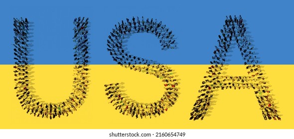 Concept Conceptual Large Community Of People Forming USA Name On Ukrainian Flag. 3d Illustration Metaphor For Freedom, Democracy,  Justice, Hope, Power, Patriotism, Military And Economic Support