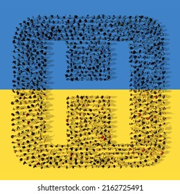 Concept Or Conceptual Large Community Of People Forming The Hospital Sign On Ukrainian Flag.  3d Illustration Metaphor For Help With Health Care, Medical Equipment And Supplies, Doctors, Emergency