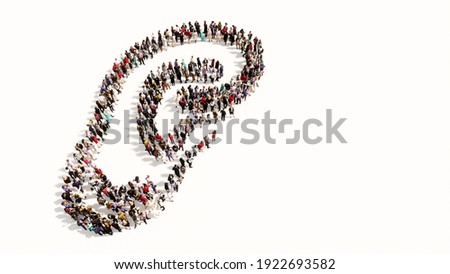 Concept or conceptual large comunity of people forming the image of an ear on gray background.  A 3d illustration metaphor for hearing loss, tinnitus, vertigo, ear pain or infection, auditory testing 