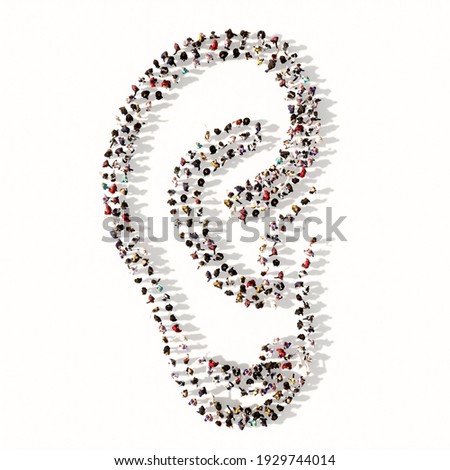 Concept or conceptual large comunity of people forming the image of an ear on gray background.  A 3d illustration metaphor for hearing loss, tinnitus, vertigo, ear pain or infection, auditory testing 