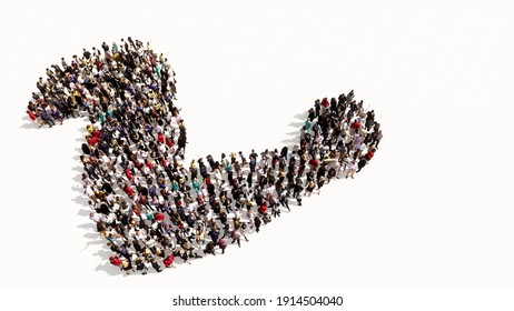 Concept Or Conceptual Large Gathering Of People Forming The Image Of A Healthy And Muscular Arm. A 3d Illustration Metaphor For Bodybuilding, Athlete, Fitness, Sport, Strenght,  Power, Diet Or Anatomy