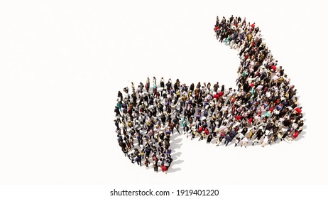 Concept Or Conceptual Large Gathering Of People Forming The Image Of A Healthy And Muscular Arm. A 3d Illustration Metaphor For Bodybuilding, Athlete, Fitness, Sport, Strenght,  Power, Diet Or Anatomy