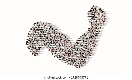 Concept Or Conceptual Large Gathering Of People Forming The Image Of A Healthy And Muscular Arm. A 3d Illustration Metaphor For Bodybuilding, Athlete, Fitness, Sport, Strenght,  Power, Diet Or Anatomy