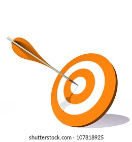 Concept Or Conceptual Orange Dart Target Board With An Arrow In The Center Isolated On White Background, For Success, Competition, Business, Game, Achievement, Win, Perfection, Strategy Or Focus