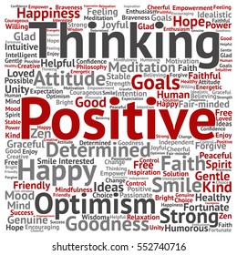 Concept Or Conceptual Positive Thinking, Happy Or Strong Attitude Square Word Cloud Isolated On Background Metaphor To Optimism, Smile, Faith, Goals, Courageous, Goodness, Happiness Inspiration