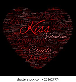 Concept or conceptual red wordcloud text in shape of heart symbol isolated on black background, metaphor to love, romance, passion, romantic, emotion, marriage, valentine, desire or affection