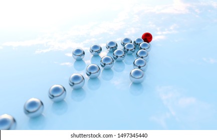 Concept or conceptual row of balls in form of an arrow with a red one standing out on blue background as a metaphor for creativity and leadership. A courage, action and success 3d illustration