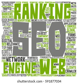 Concept or conceptual search engine optimization, seo abstract word cloud isolated on background metaphor to marketing, web, internet, strategy, online, rank, result,  network, top, relevance