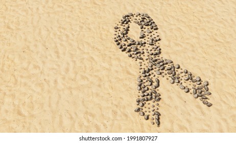 Concept conceptual stones on beach sand handmade symbol shape, golden sandy background, breast cancer symbol. 3d illustration metaphor for awareness, solidarity, life, prevention, support, help, cure - Powered by Shutterstock