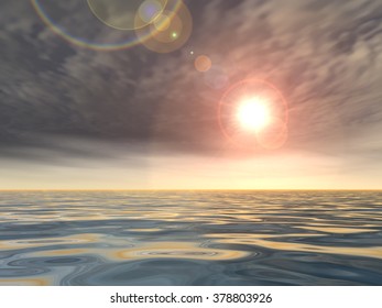 Concept Or Conceptual Sunset Or Sunrise Background With The Sun At Horizon And Sea Or Ocean, Metaphor To Nature, Romantic, Dramatic, Light, Evening, Morning, Peace, Atmosphere, Weather Or Sunshine